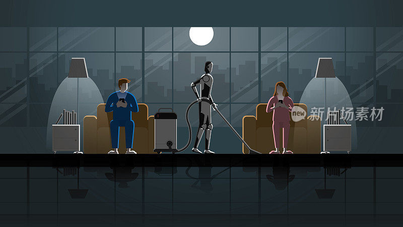 Robot Artificial intelligence mechanism clean and work as maid in the house for 24 hours in the dark and full moonlight with people. Man and woman couple sit on sofa and use smartphone in living room.